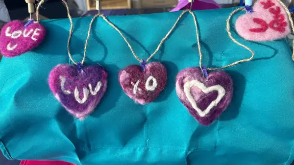 Needle Felted Hearts on a String to Hang Up