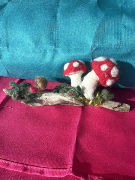 Needle Felted Mushrooms on a Drift Wood
