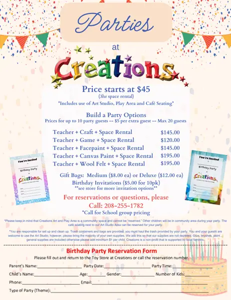 Birthday parties at Creations flyer