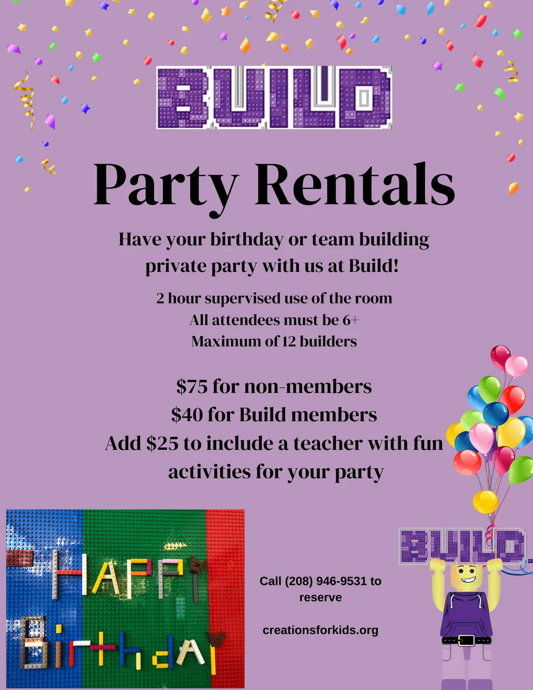 BUILD birthday parties flyer